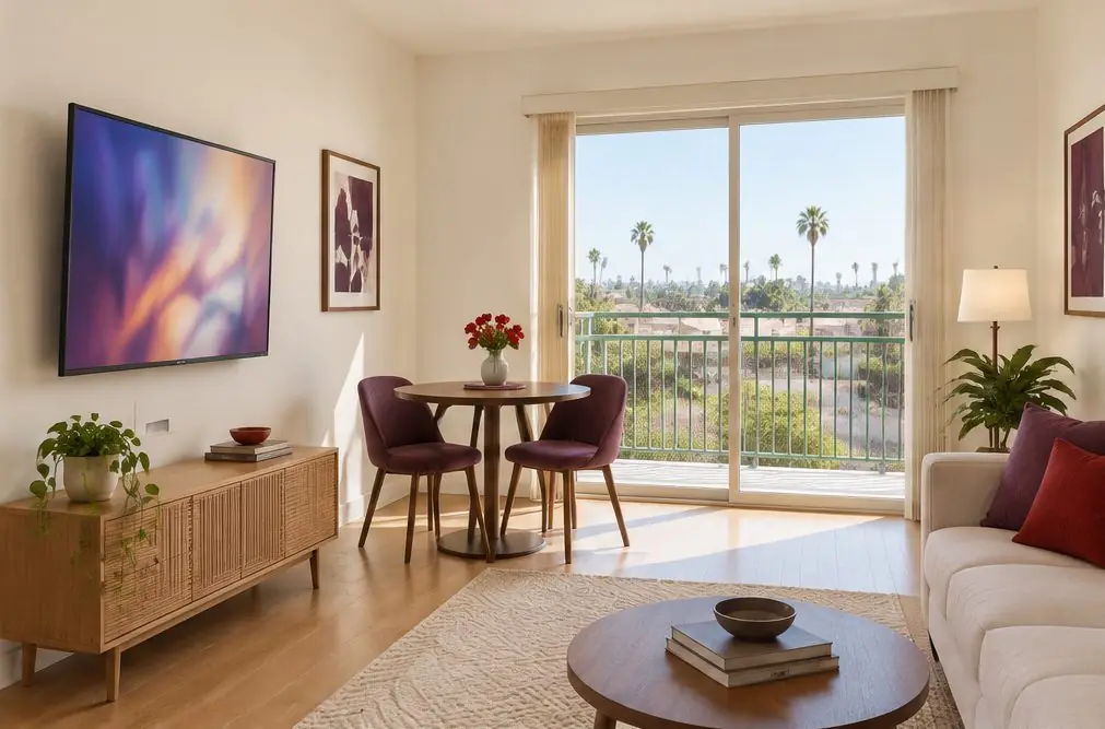 Illustration: a TV on a slim wall bracket in a bright apartment living room with a small dining table and a sliding door to a balcony