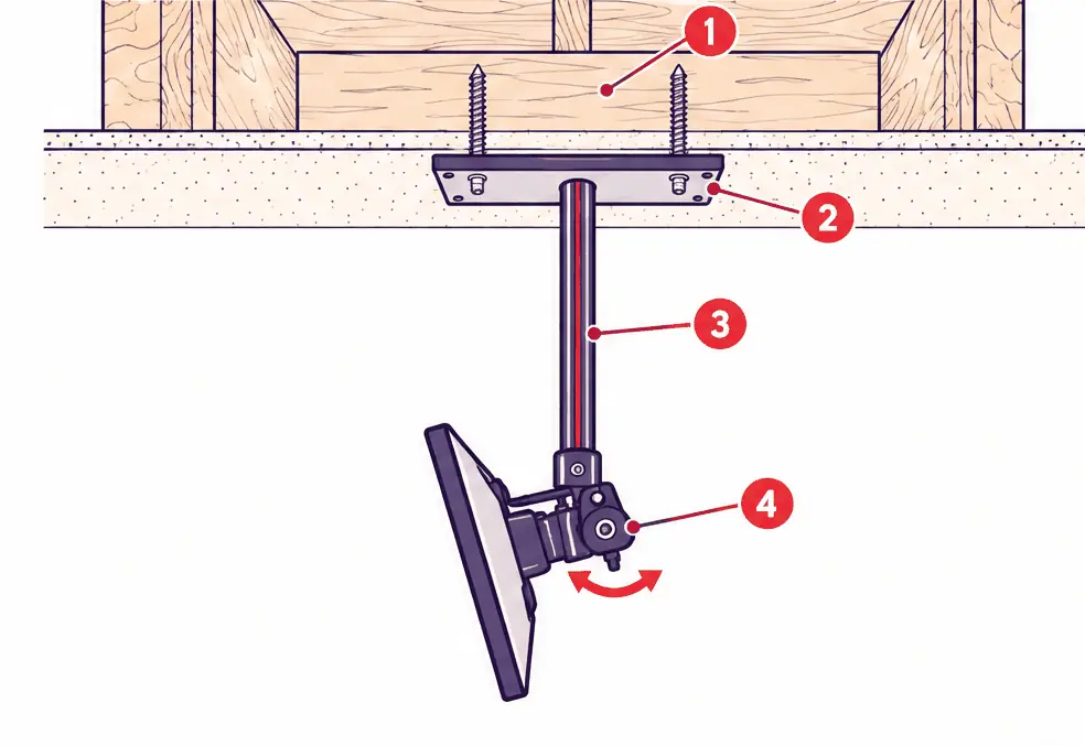 Diagram: section through a ceiling showing blocking between joists, a ceiling plate lagged up into the wood, a drop pole with a cable inside, and a tilt-and-swivel head holding the TV