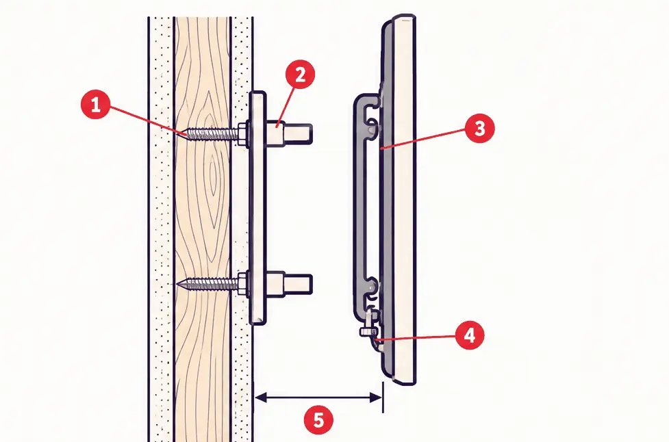 Diagram: side section of a fixed low-profile TV mount, a wall plate lag-bolted into a wood stud, two TV brackets hooked over the plate rails, a small gap between the TV and the wall, and locking screws at the bottom of the brackets
