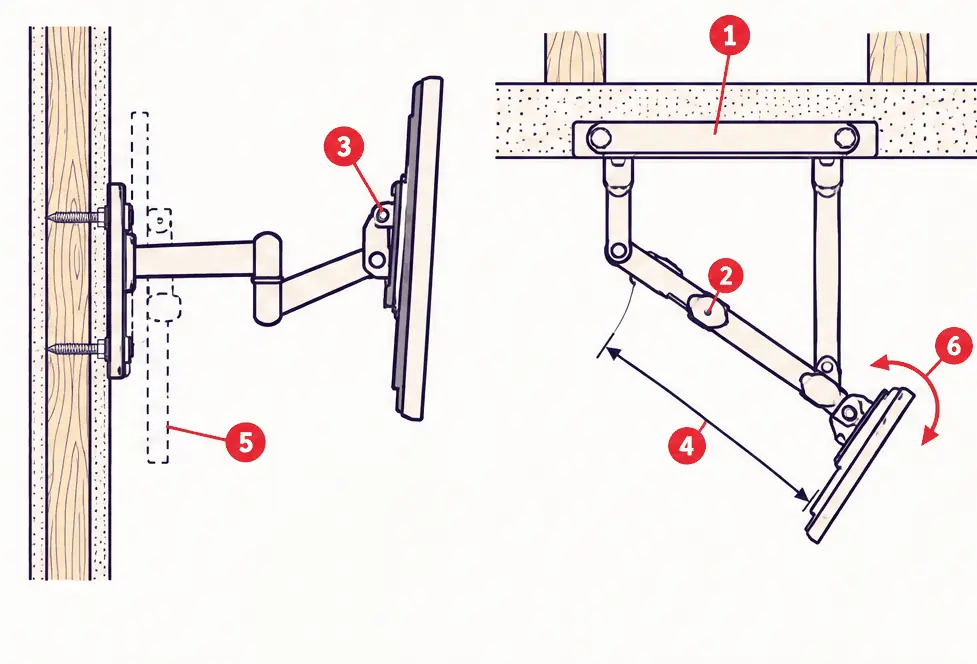 Diagram: side elevation and top view of a full-motion TV arm, a plate spanning two studs, pivot pins at the plate, elbow and head, a tilt head, the reach, a folded outline and a swivel arrow