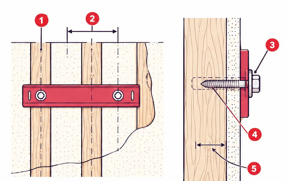 Diagram: front cutaway of a wall plate spanning two wood studs with a lag bolt in each, and an enlarged side section of one bolt biting into the stud