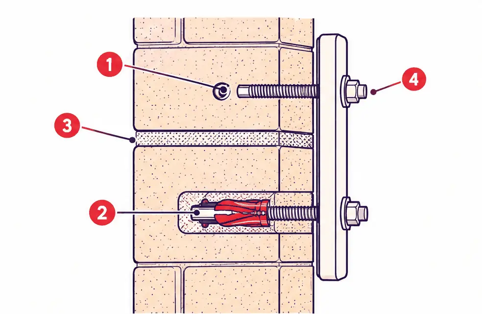 Diagram: side section of a brick or stone wall with a plate held by sleeve anchors set in the body of the brick, one cut away to show the expanded sleeve, and a mortar joint beside