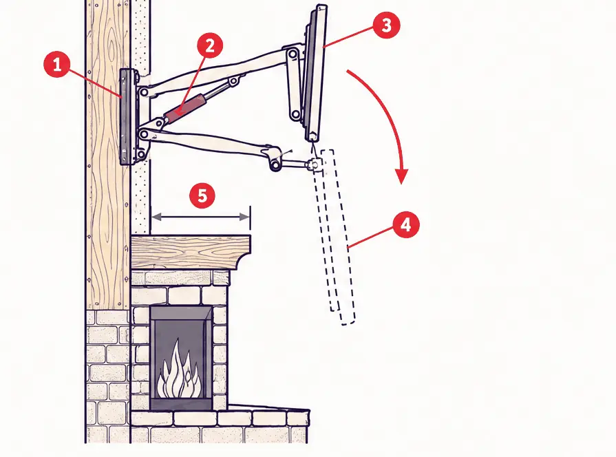 Diagram: side section of a fireplace wall with a pull-down mantel TV mount, gas-spring arms, the TV parked high and a dashed outline of it lowered in front of the mantel