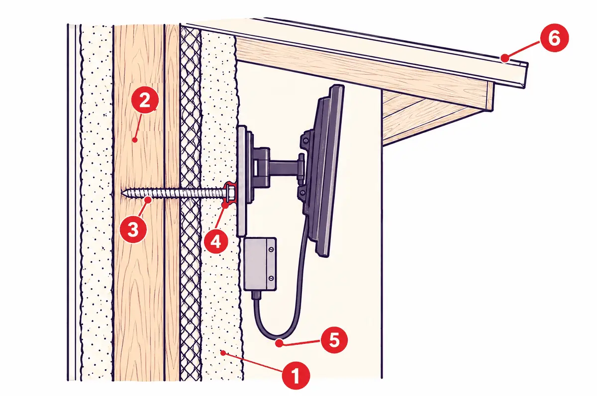 Diagram: side section of a stucco patio wall with a stainless lag bolt through the stucco into a stud, a sealant bead, a TV on a tilting bracket under a patio cover and a cable drip loop