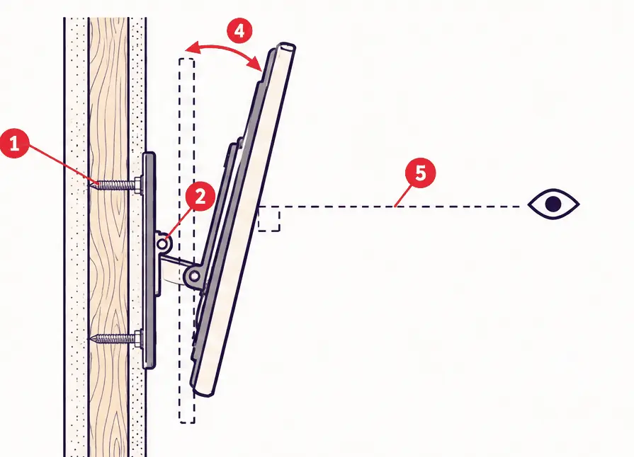 Diagram: side section of a tilting TV mount on a tall wall, a hinge between the wall plate and the TV, a dashed upright outline, a tilt arc and a sight line from a seated eye to the screen center
