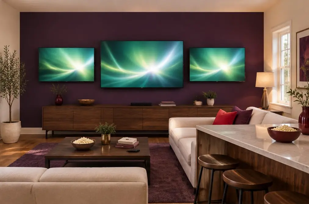 Illustration: three TVs side by side with even gaps on a plum accent wall in a family room with a large sectional and a snack bar