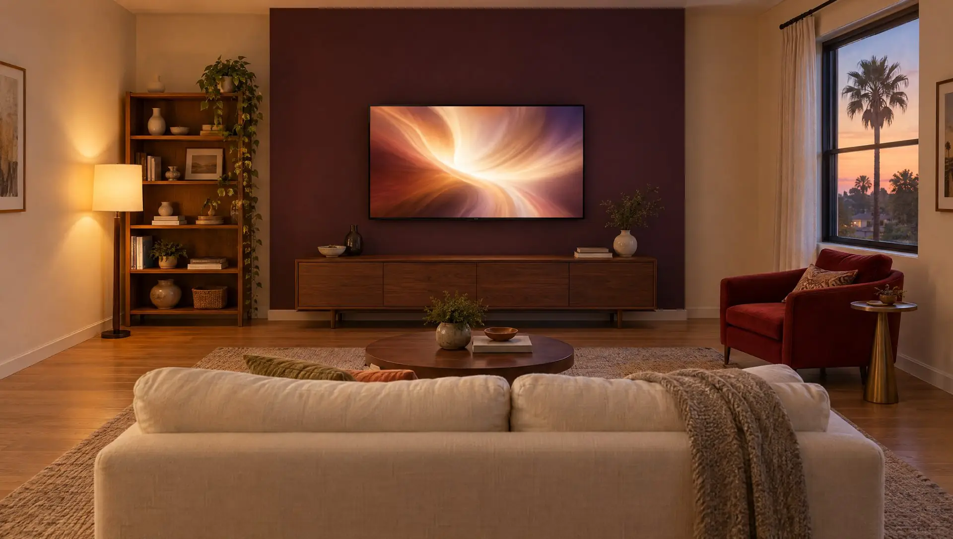Illustration: a TV mounted on the wall of a warm family living room with a plum accent wall, a deep sofa and a lamp-lit bookshelf in the evening