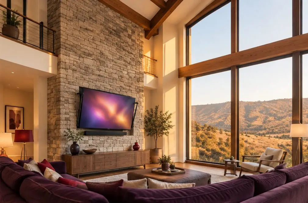 Illustration: a large TV on a stone feature wall in a tall hillside great room with exposed beams and a canyon view through the window