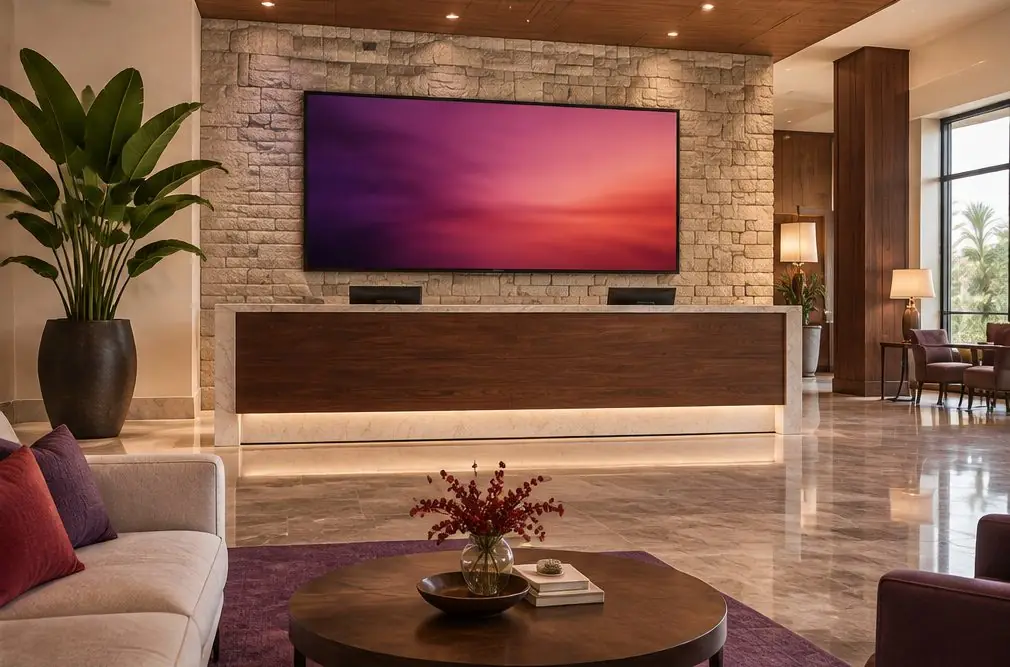 Illustration: a large wall display in a hotel lobby above a reception desk with a plant and a sofa