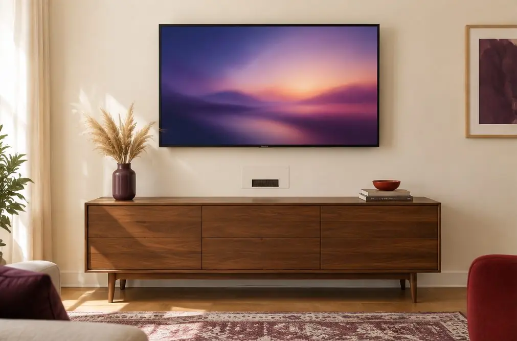 Illustration: a wall-mounted TV with no cables in sight above a console, a small recessed outlet plate visible near the floor