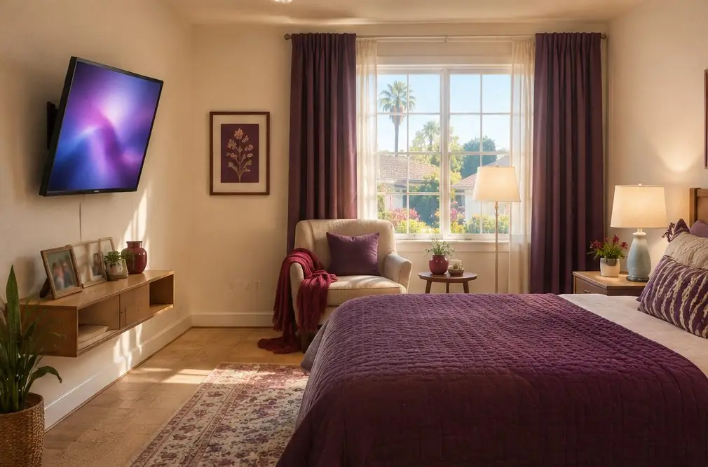 Illustration: a wall-mounted TV in a grandparent's bedroom with a tilting bracket, a reading chair and soft afternoon light
