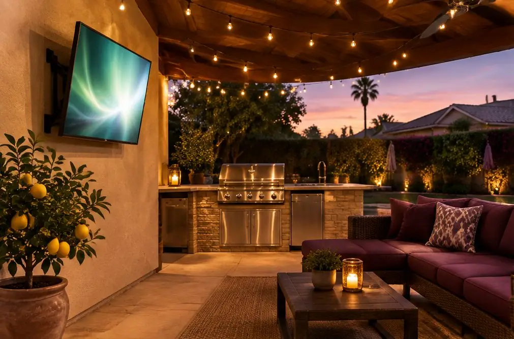 Illustration: an outdoor-rated TV on a stucco wall under a covered patio in an Anaheim backyard with a barbecue island and string lights