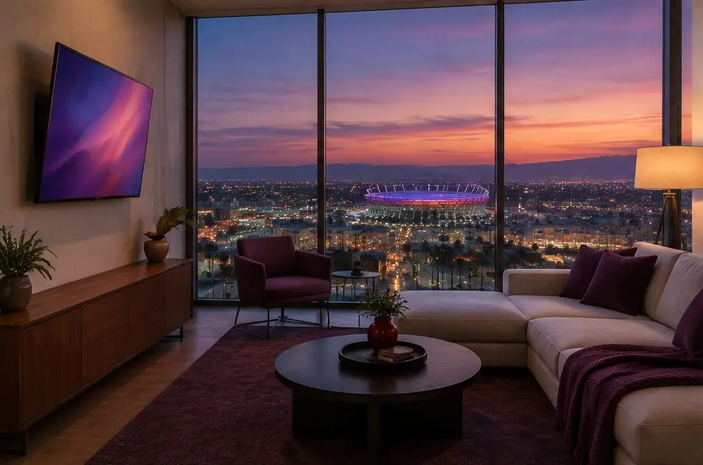 Illustration: a wall-mounted TV in a typical Platinum Triangle home