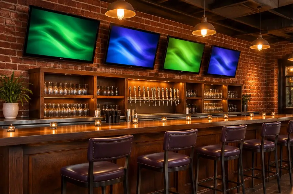 Illustration: four TVs mounted high and tilted down over a long bar with stools, warm pendant lights and a brick wall