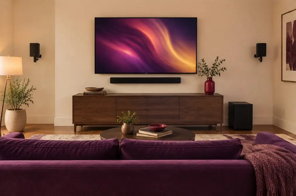 Illustration: a soundbar mounted a few inches under a wall-mounted TV with a subwoofer beside a console in a living room