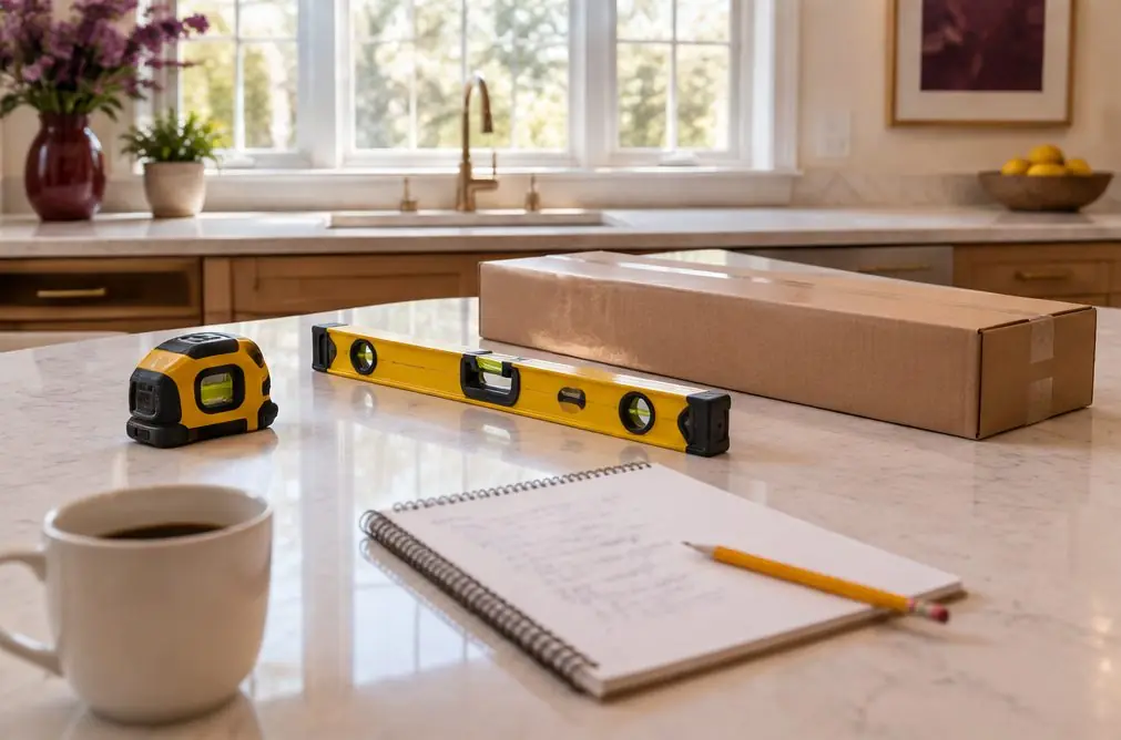 Illustration: a tape measure, a level, a boxed TV bracket and a notepad with blurred figures on a kitchen counter in a bright Anaheim home