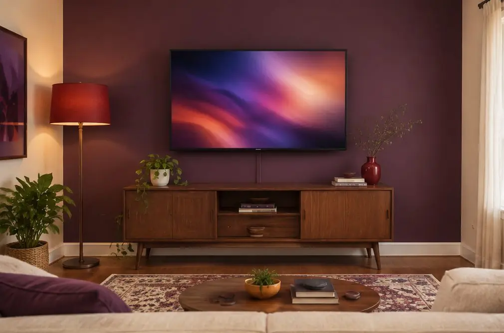 Illustration: a 55-inch TV on a fixed wall mount above a low walnut console in a warm Anaheim living room with a plum accent wall