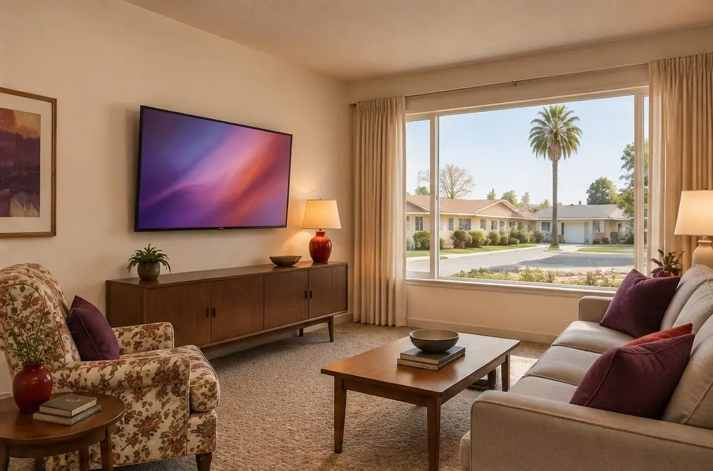 Illustration: a wall-mounted TV in a typical West Anaheim home